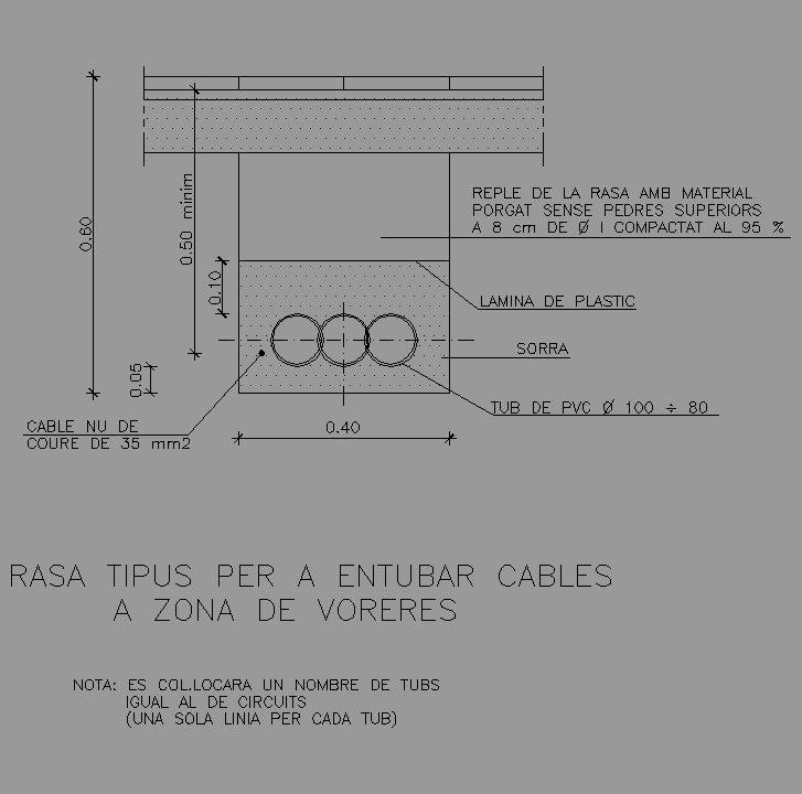 Bloque Autocad Zanja tipo para entubación de cables a zona privada